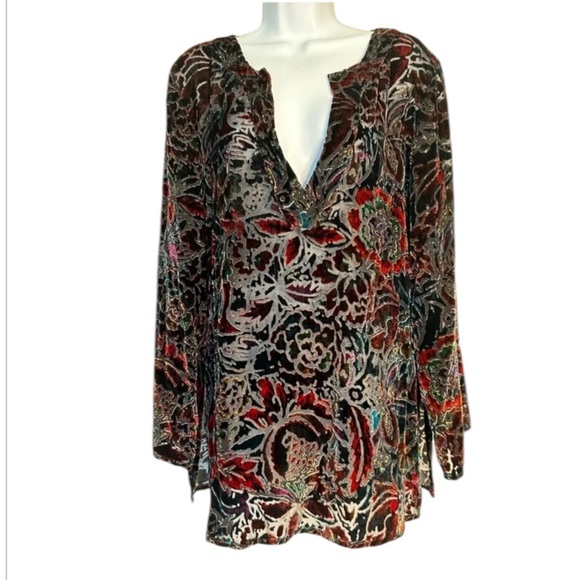 Chico’s velvet burnout tunic silk blend black multicolor bell sleeve Size 2 / L - Picture 1 of 7